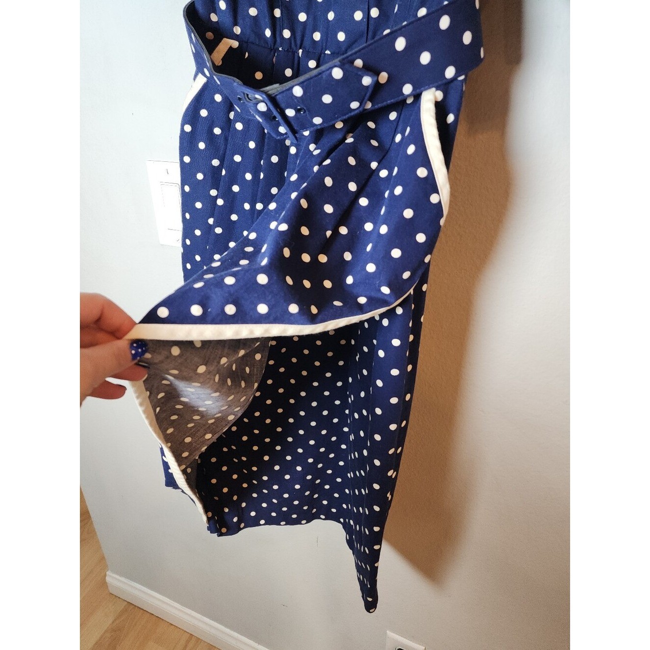 Vintage Choon California Dress Blue White Polka Dots Belt Pockets Est Size XS