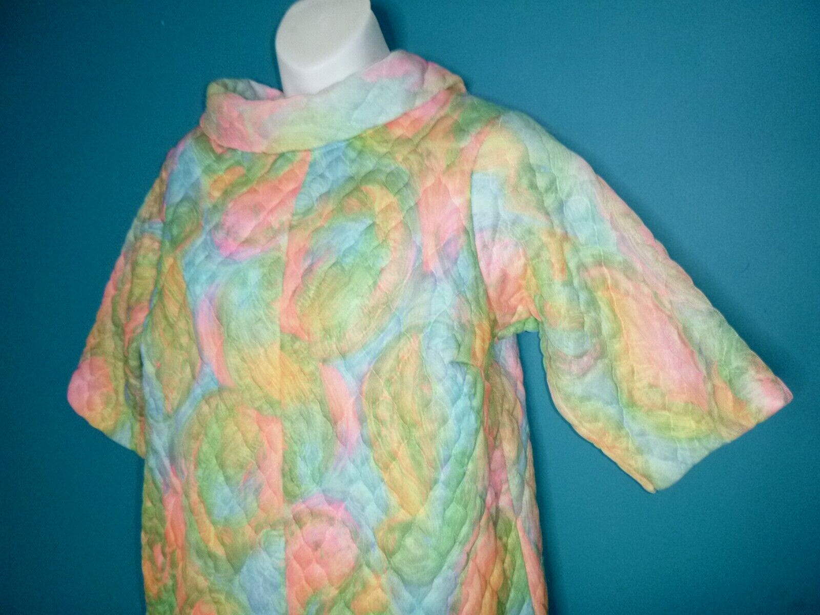 Vtg 60s Quilted Loungewear Jumpsuit Wide Legs MOD Swirl Pink Blue Yellow Sz M/L