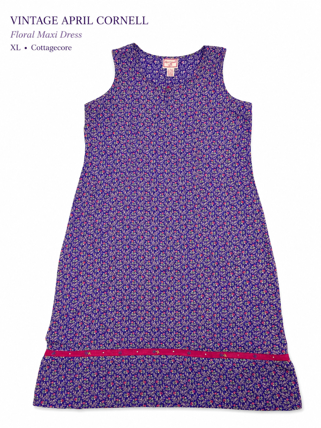 VTG 90s April Cornell Purple Ditsy Floral Rayon Maxi Shift Dress XL Cottagecore