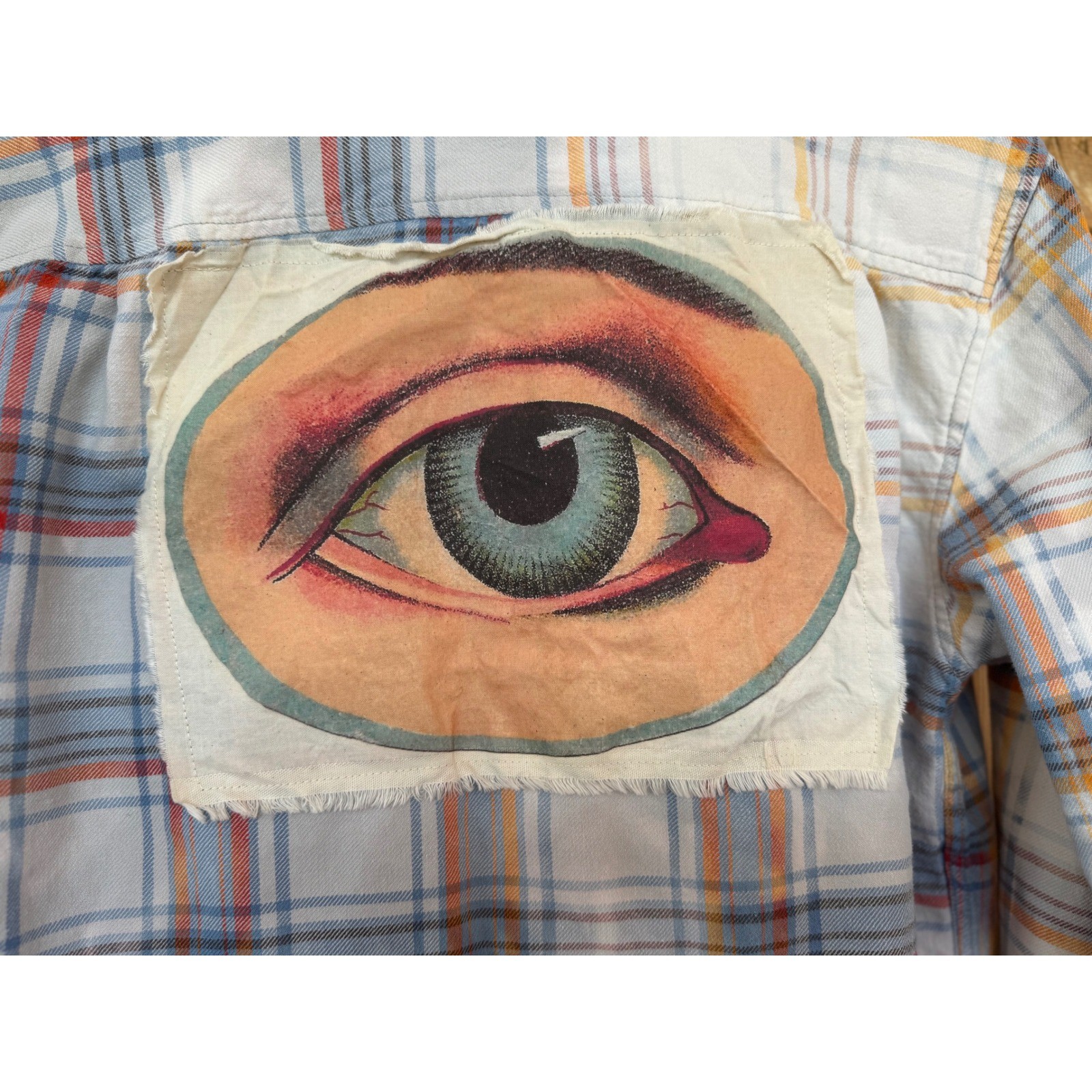 Upcycled Eye Patch Flannel Shirt Medium | Folk Art Plaid Button Down