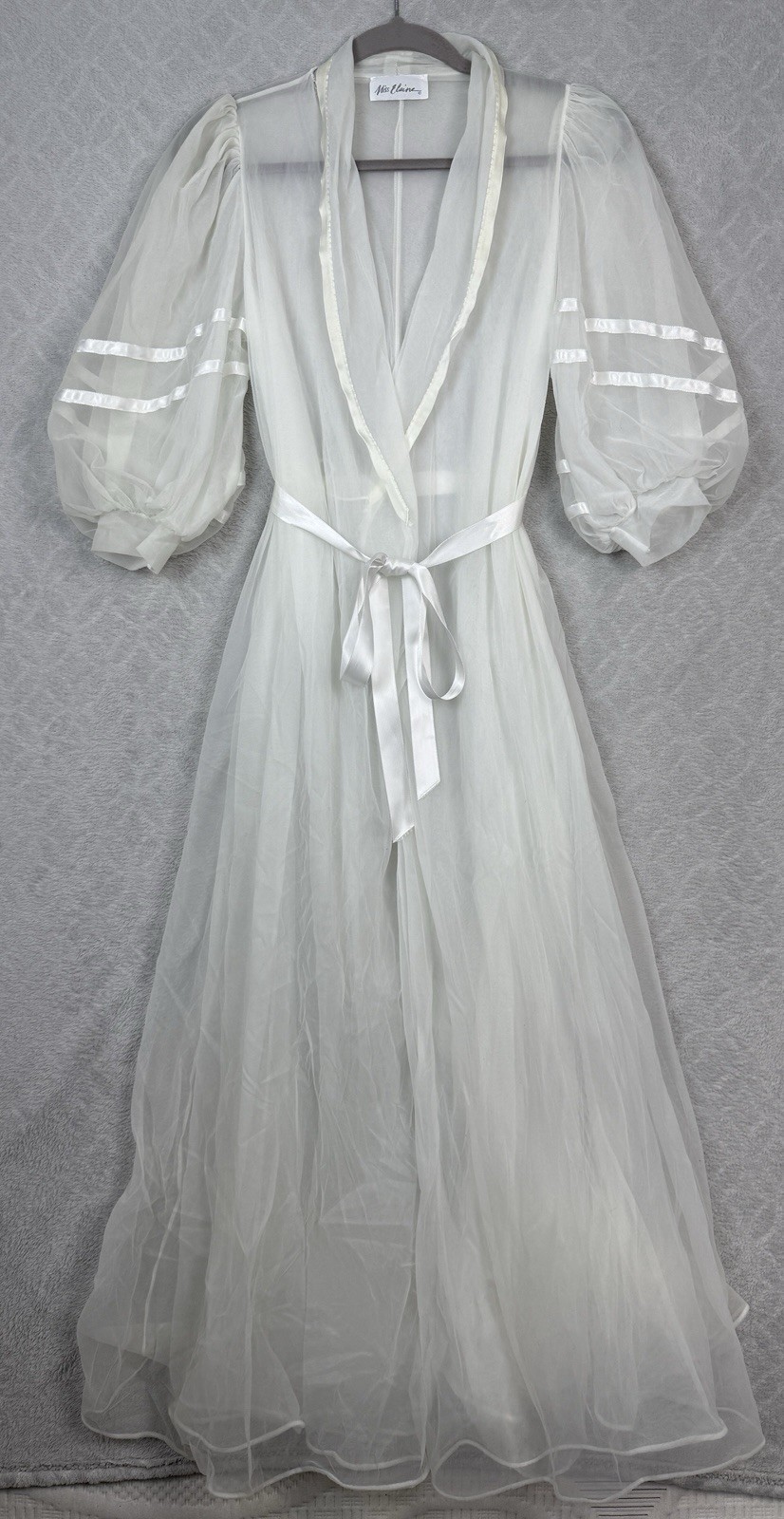 Vtg Miss Elaine Sheer Robe S/M White Belt Peignoir Puff Sleeve Bridal Retro 50s