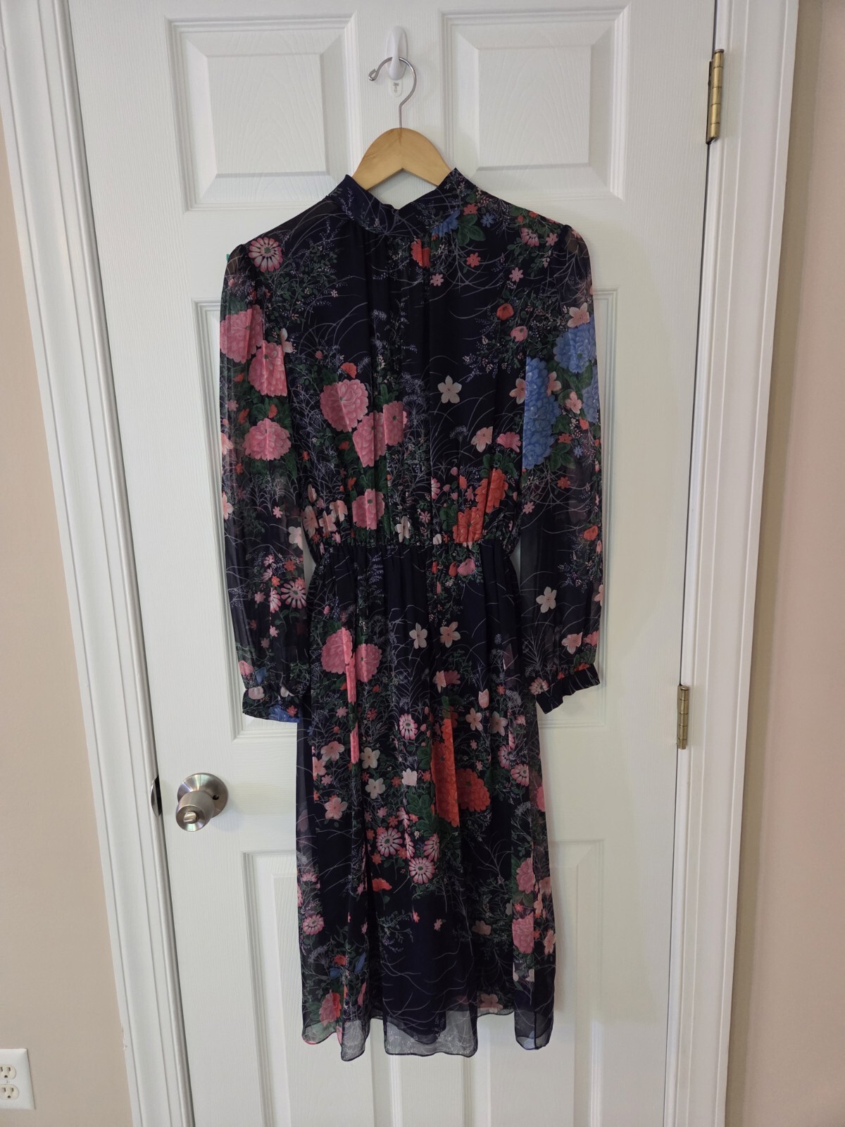 Hanae Mori Dress Women’s Small Navy Blue VTG Floral Print Long Sleeve Sheer