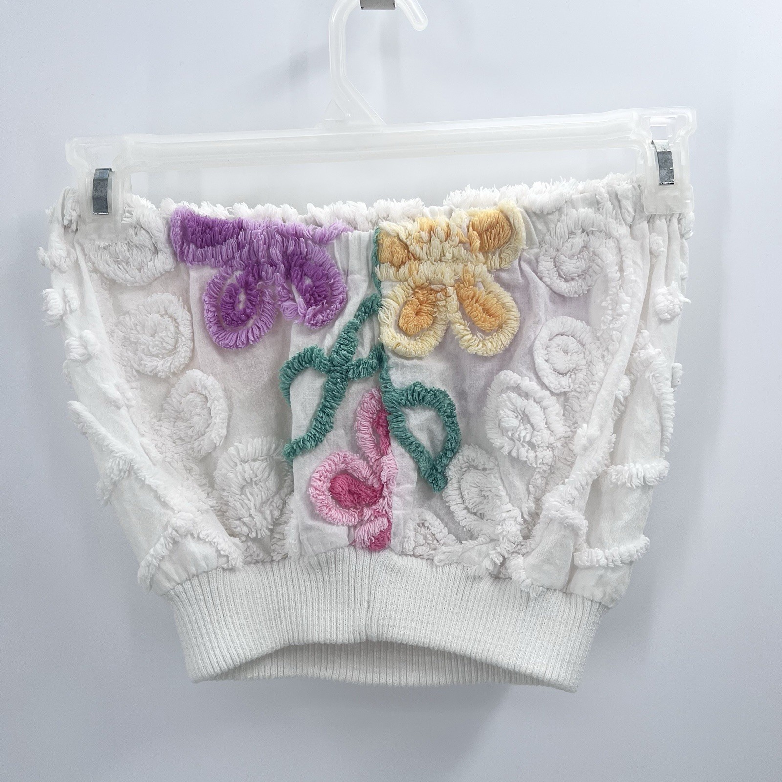 Vintage 70s Chenille Floral Tube Top Stretchy Strapless Womens Small