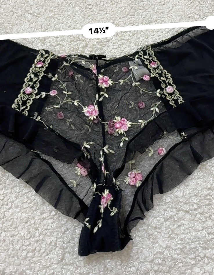 Vintage Secret Treasure Boy Short Black Panty Lace Floral Embroidery #4466