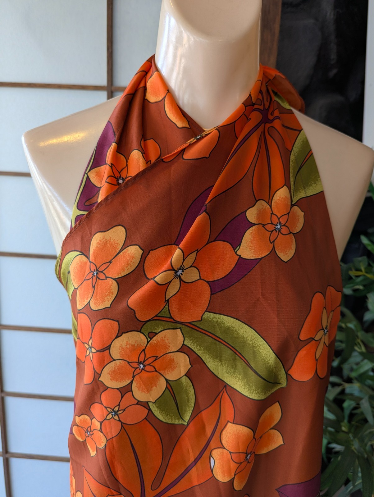 Vtg 1970s Pomare Tahiti Hawaiian Sarong Wrap Halter Dress Bright Orange L/XL