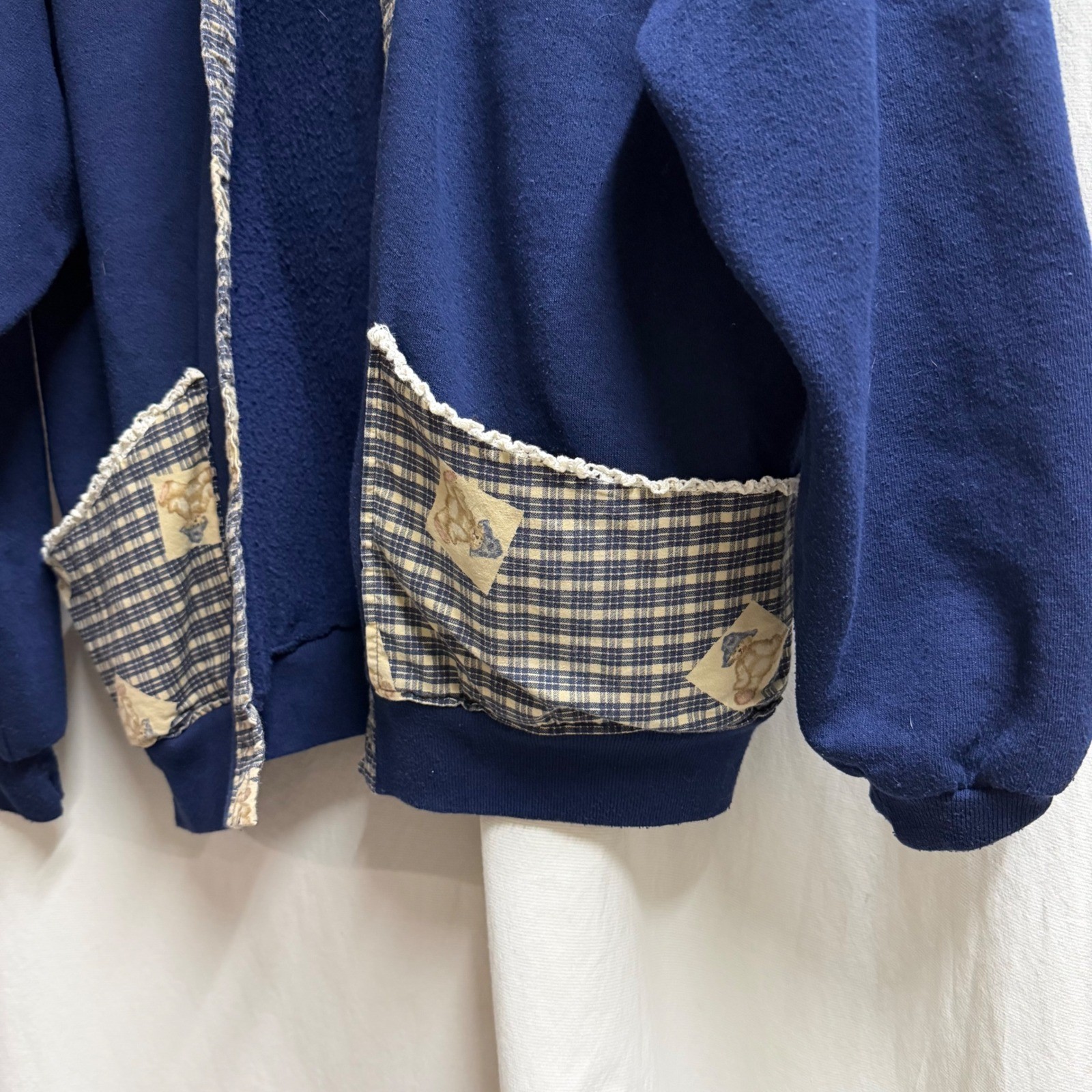Vintage Jerzees Navy Teddy Bear Plaid Collar Fleece Cardigan 2X USA Cottagecore