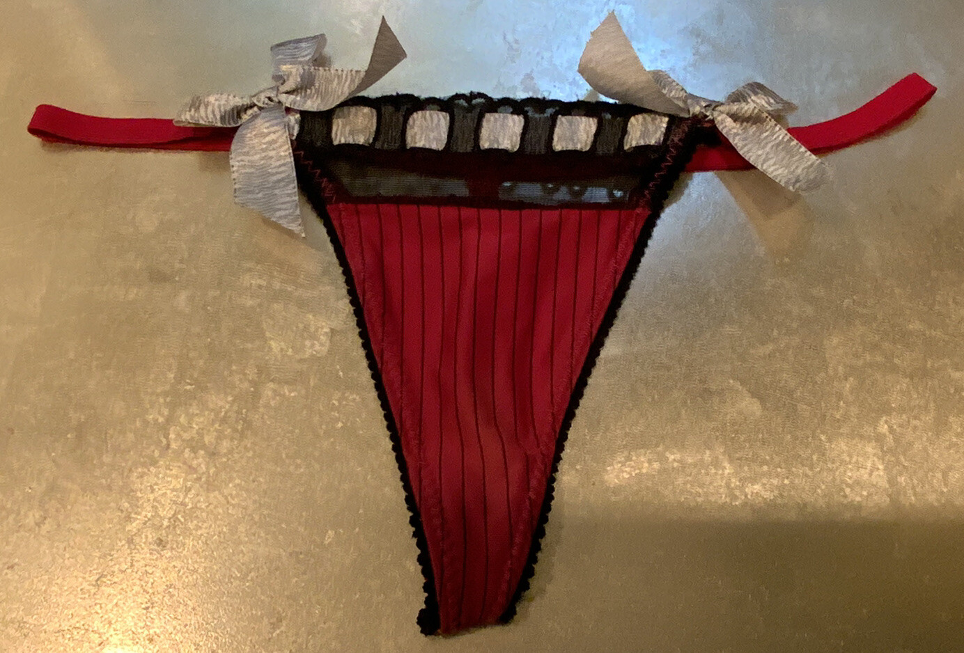 Vtg S Striped Black Wine & Pink Thong String Ribbon Bikini Panties