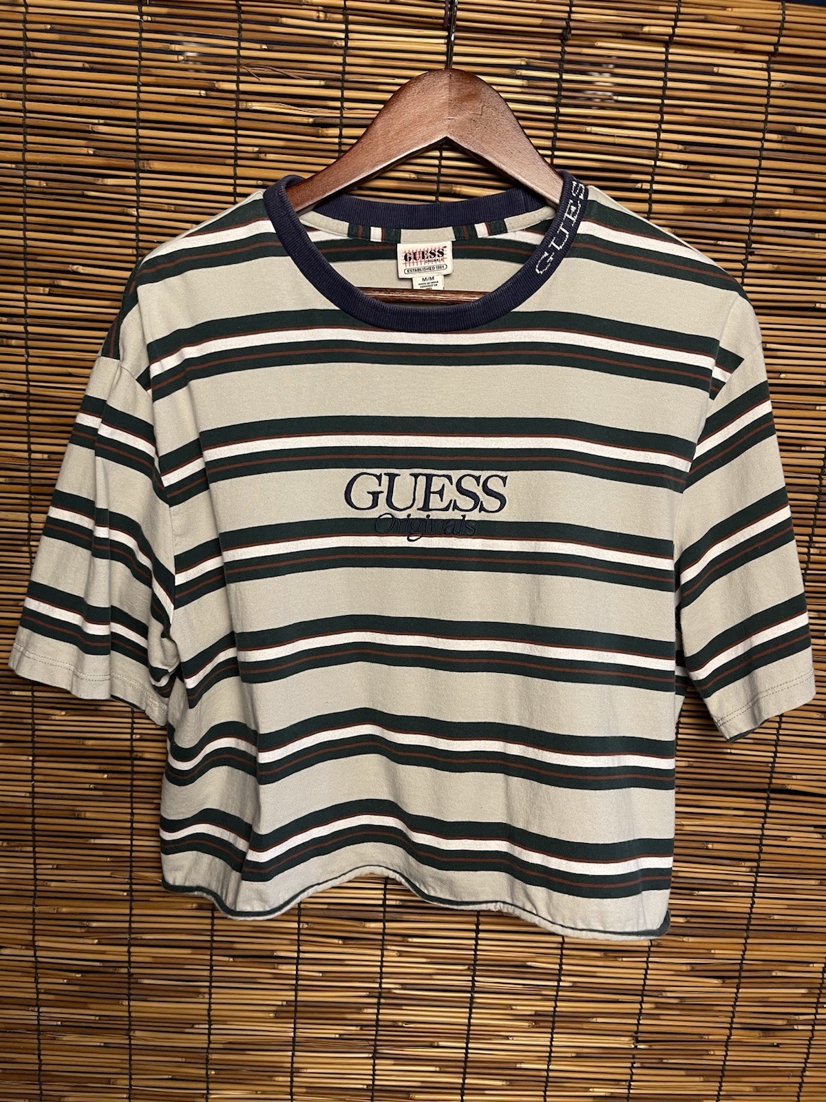 Vintage Guess Originals Striped Cropped Tee Green Navy Medium