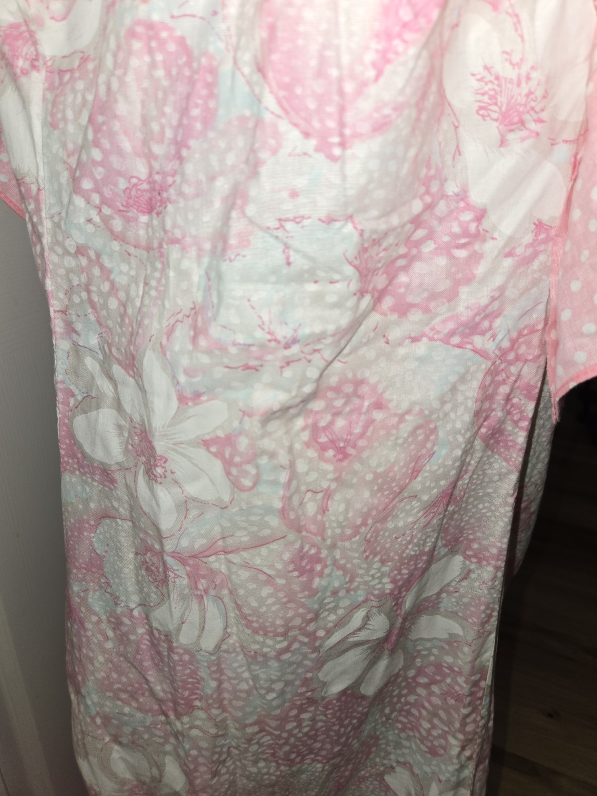 Vtg. Hilda Hawaii Maxi Dress Pink Teal Floral Polka Dot Hawaiian Muumuu 39 Chest