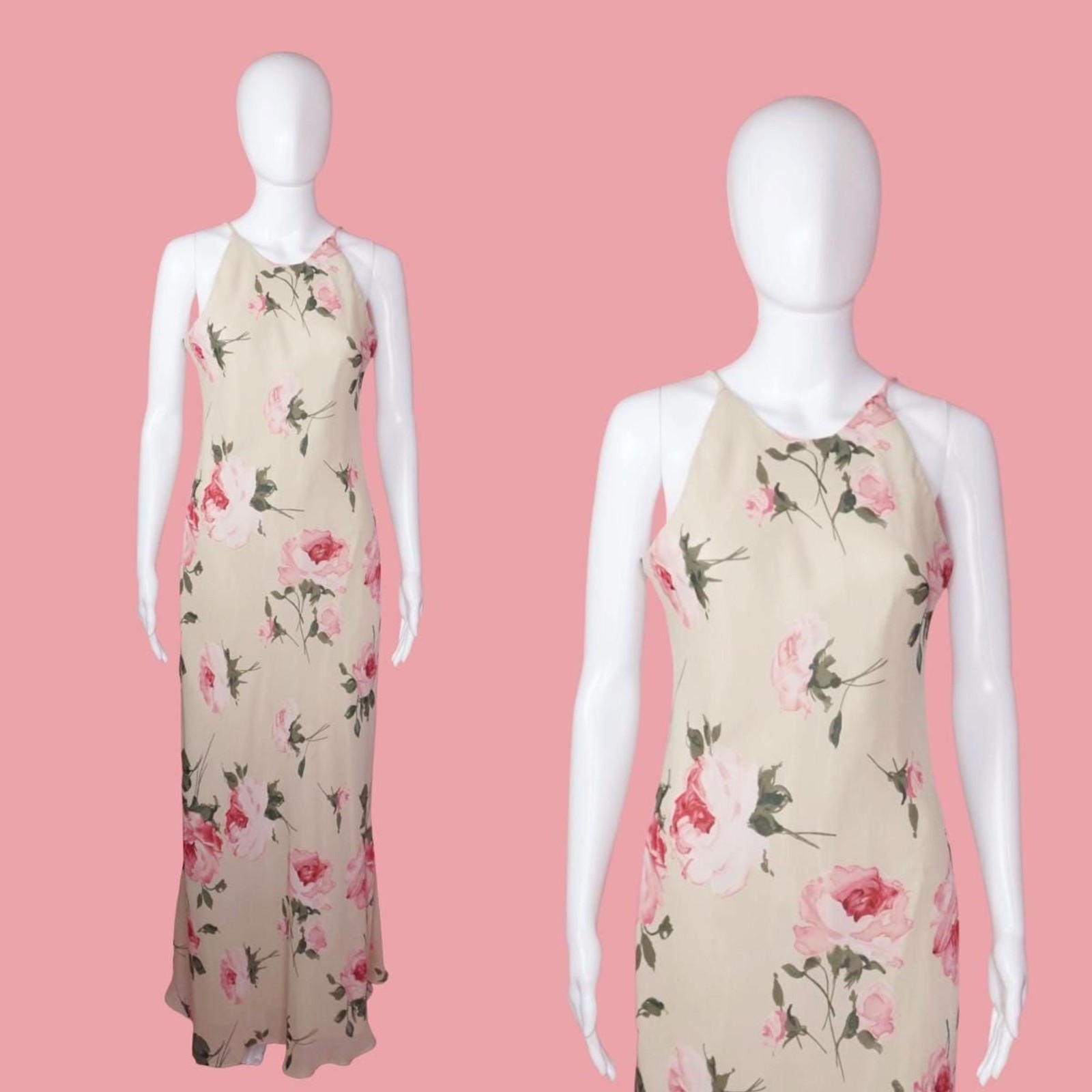 1990s-Y2K HAMPTON NITES ROSE Watercolor Floral Print Maxi Slip Dress. Medium.
