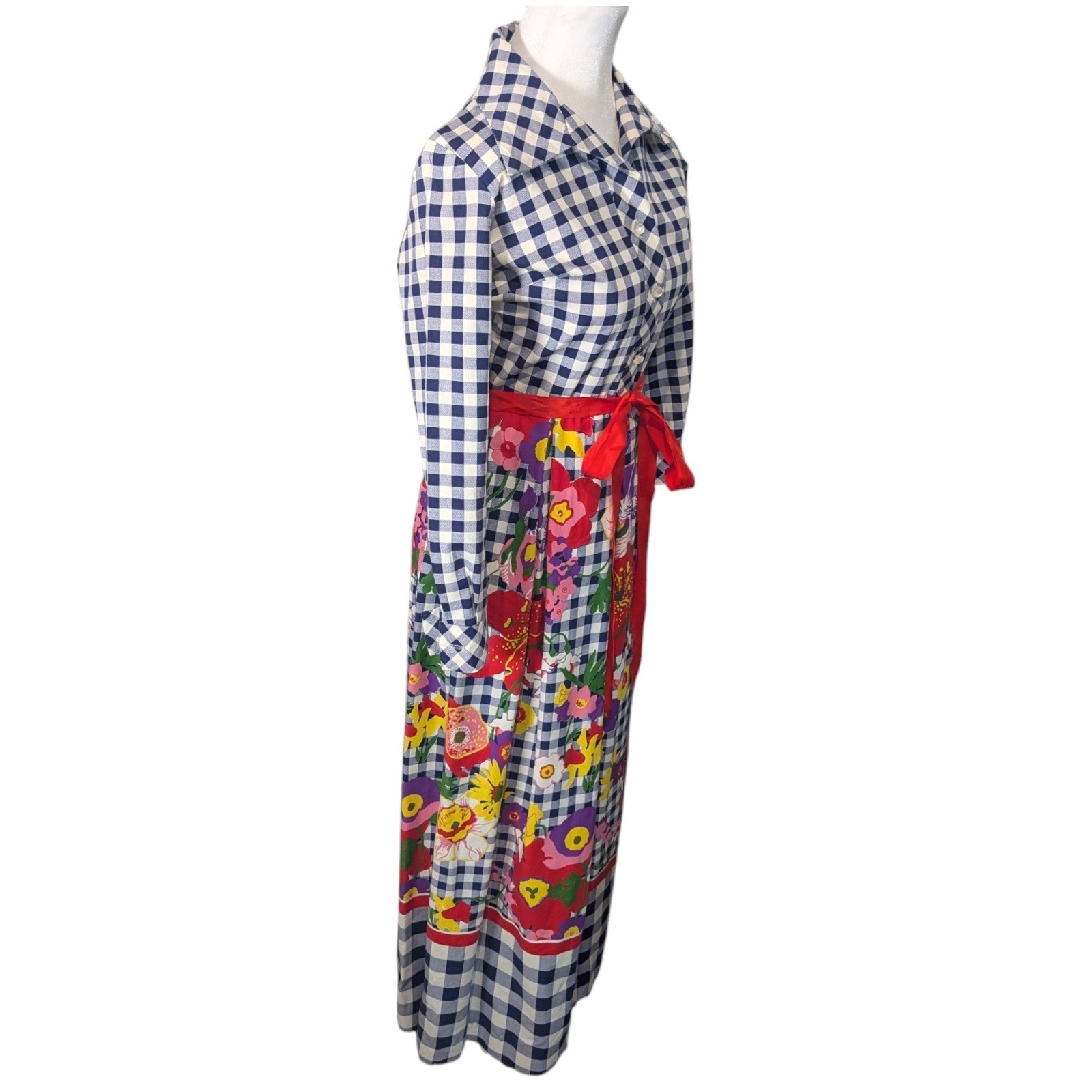 Vintage 70s Gingham Floral Maxi Shirt Dress Navy Blue White Red Belt Long Sleeve
