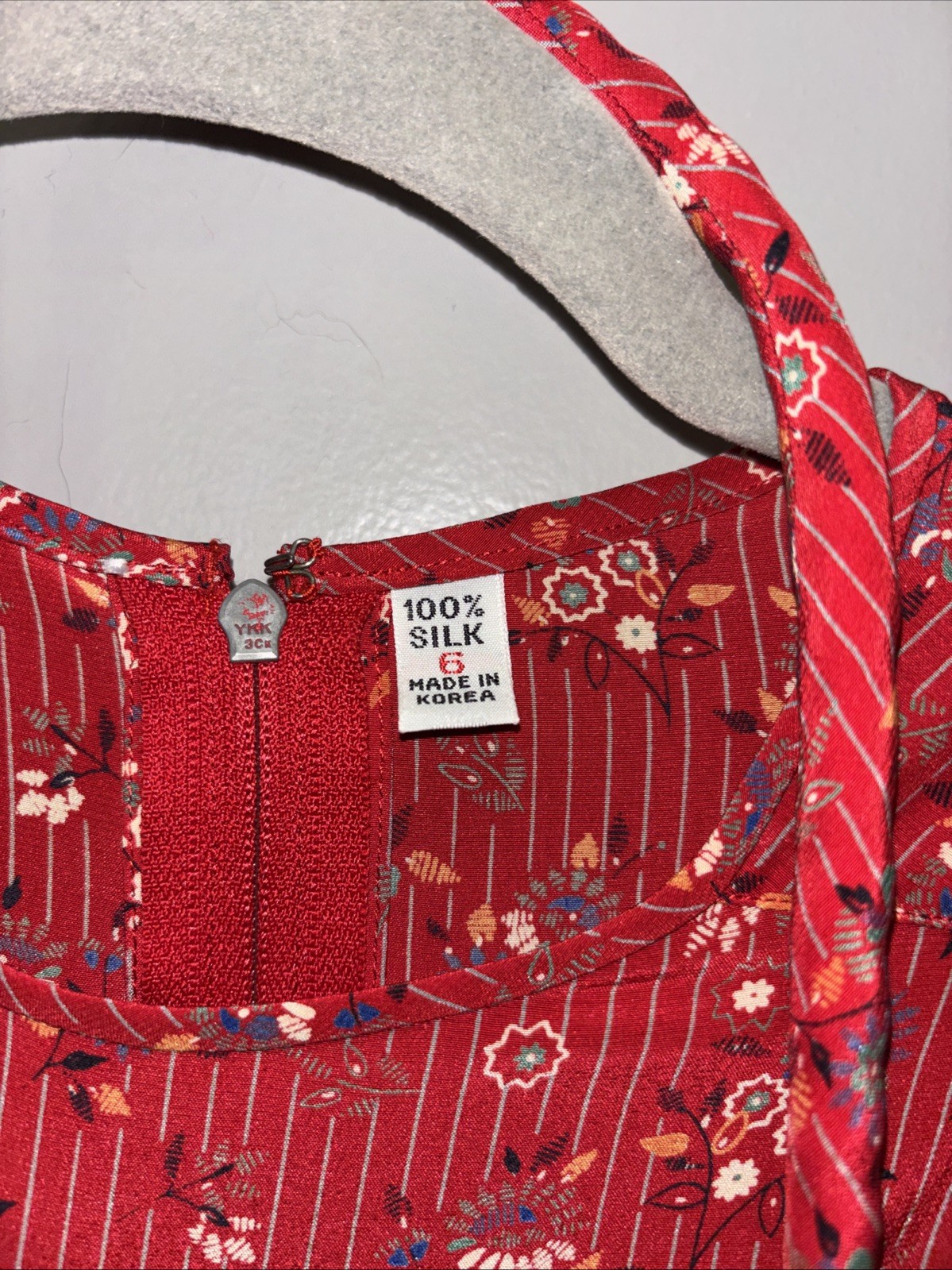 Vintage 100% Silk Red Floral Pinstripe Dress w/ Braided Belt 6 Made in Korea