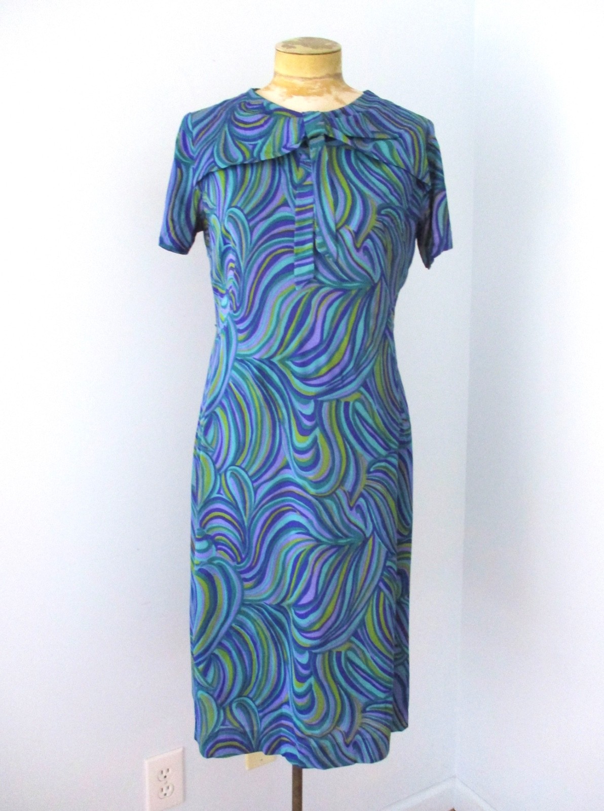 Vtg 50s 60s Purple Chartreuse Psychedelic Swirl Dress Neck Bow Silky Knit M/L