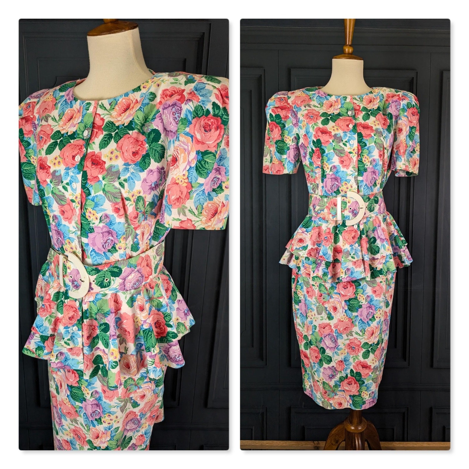 Vintage 80’s 90’s Dress Floral Print Shoulder Pads Belt Peplum Sheath M L 11 12