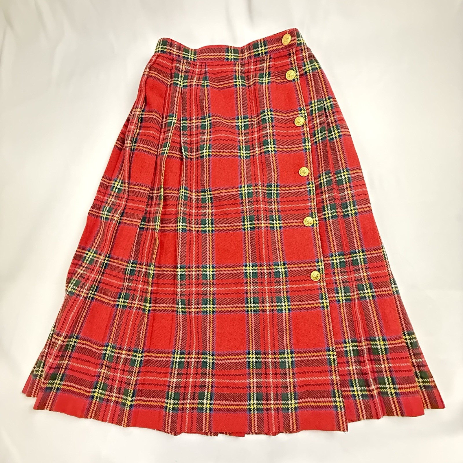 Vintage Red Tartan Wool Skirt Gold Crest Buttons Old Money US 2 25”