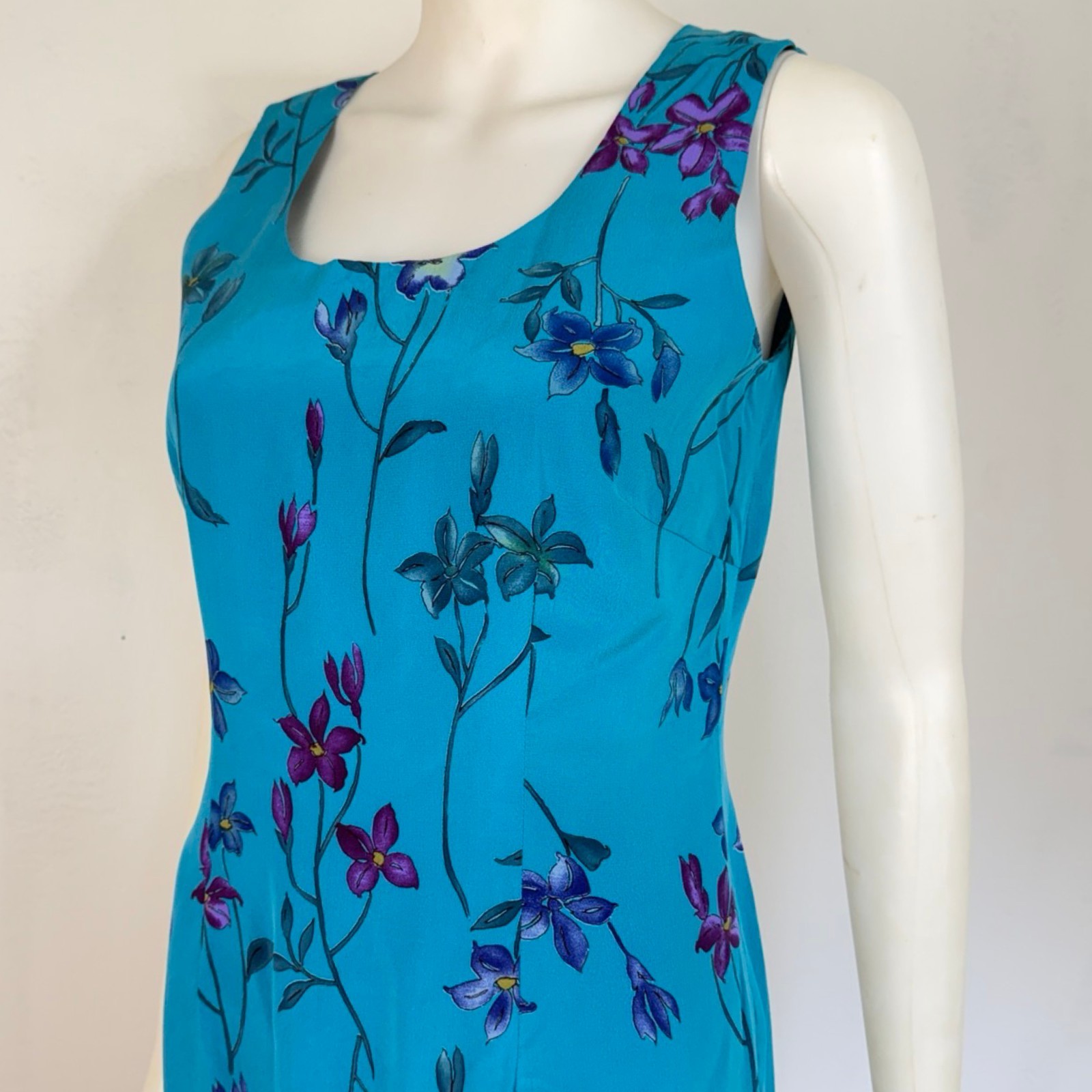 Vintage Bright Blue Floral Silk Dress Size Small 90s Sleeveless Midi Sundress