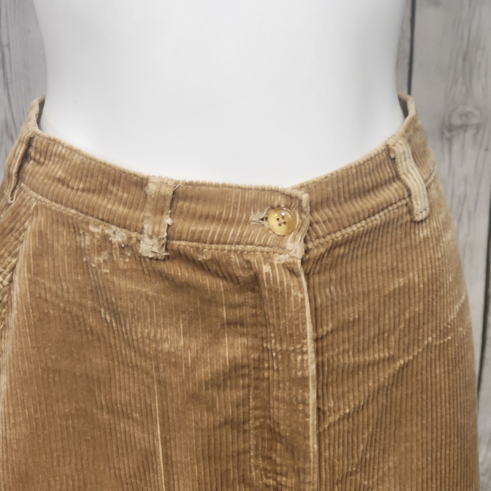 Vintage Tan Corduroy Midi Skirt 26.5” Waist YKK Zip Pockets 30” Length