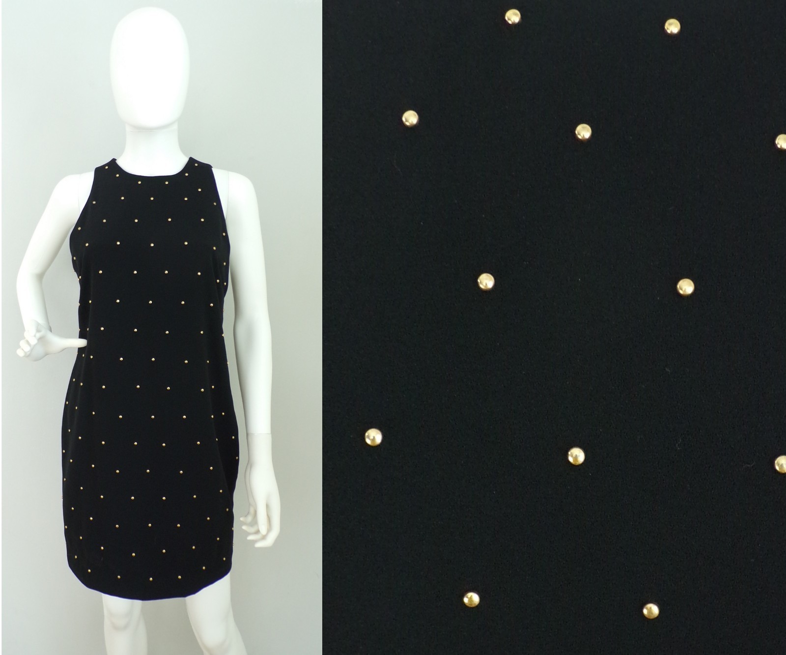 Vintage 80s Dress Gold Studded Black Short Sleeveless Cocktail Party Mini Small