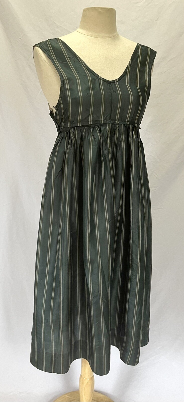 Antique Vintage ca. 1820 Regency Empire Forest Green Striped Silk Dress