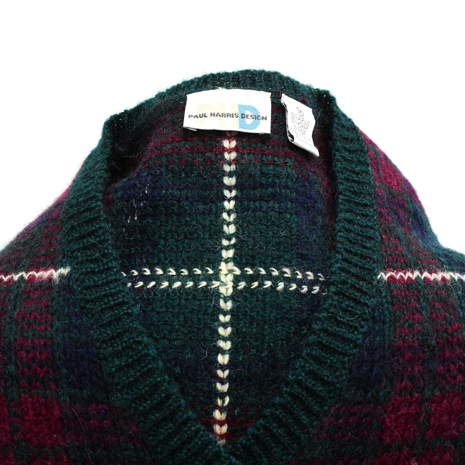 80s Vintage Womens M Plaid V Neck Hairy Tunic Sweater Paul Harris Design