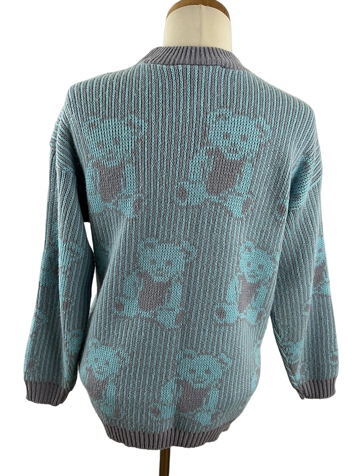 Vintage 80s Adele Knitwear Sweater Gray Blue Teddy Bear USA Kawaii