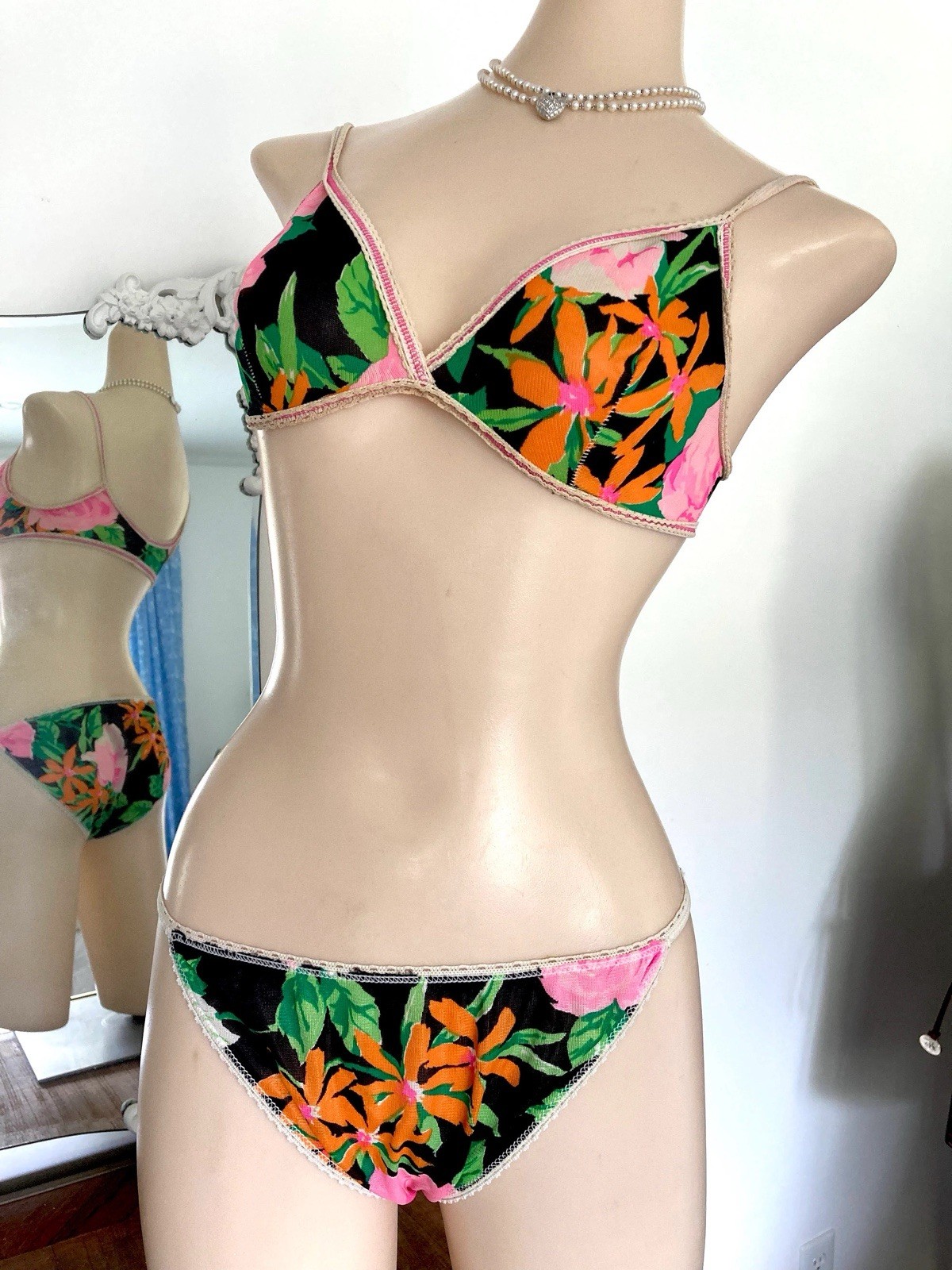 Vtg 70s Floral Nylon String Bikini & Bra Set Black Orange Green Pink Botanical