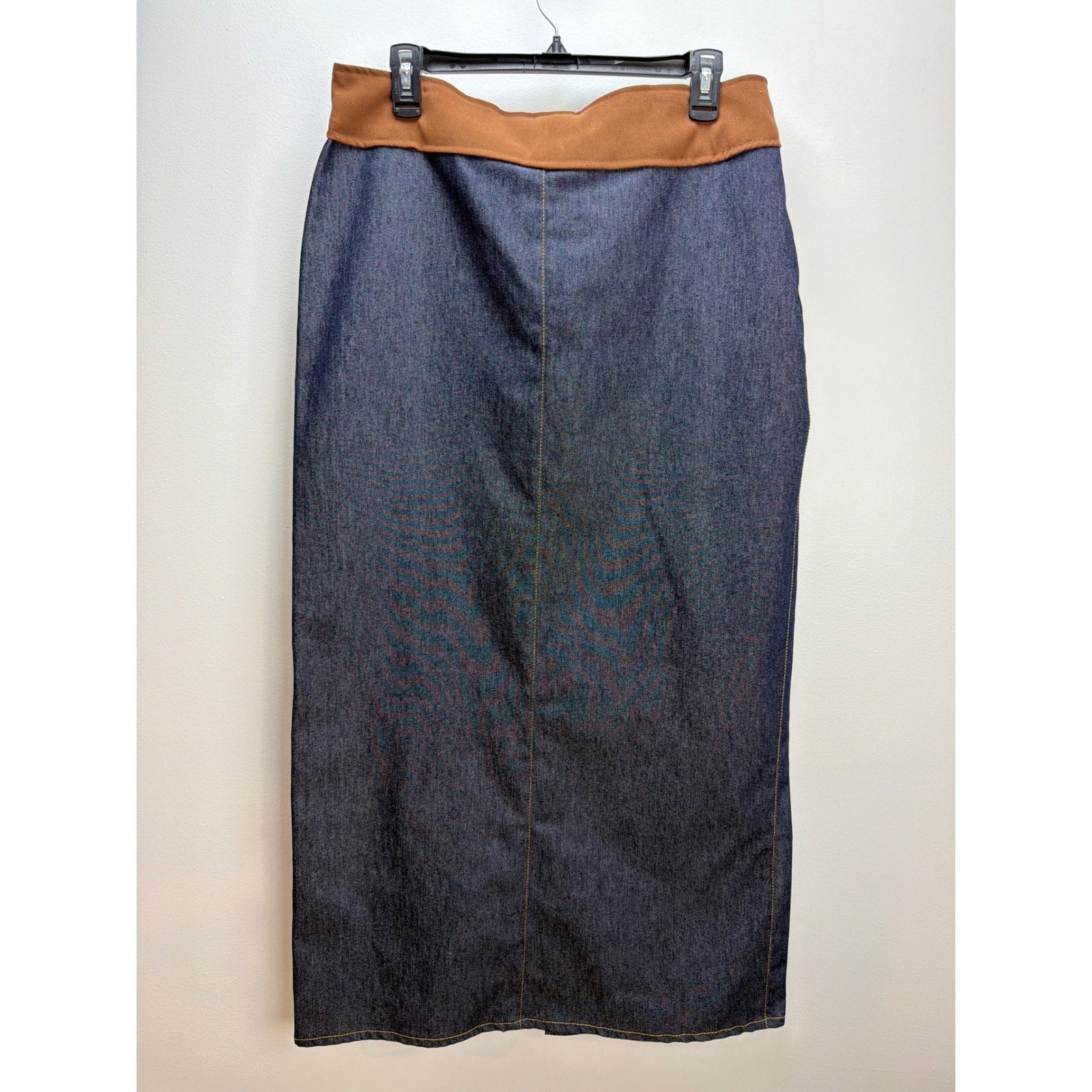 Vtg Fashion Bug Stretch Maxi Denim Pencil Skirt 12 Faux Belt Look Made in USA