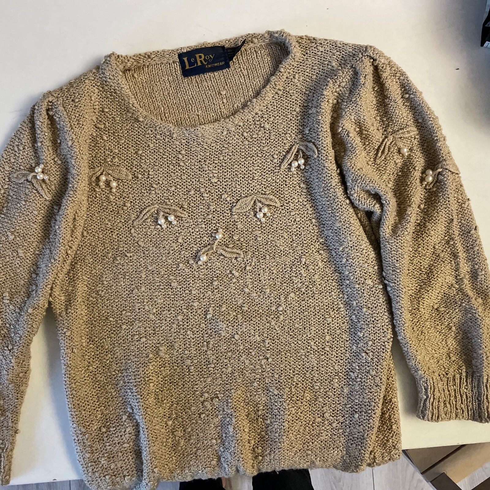 Le Roy Knitwear Vtg 60s With Faux Pearl Sweater Blouse Brown Sz S/M