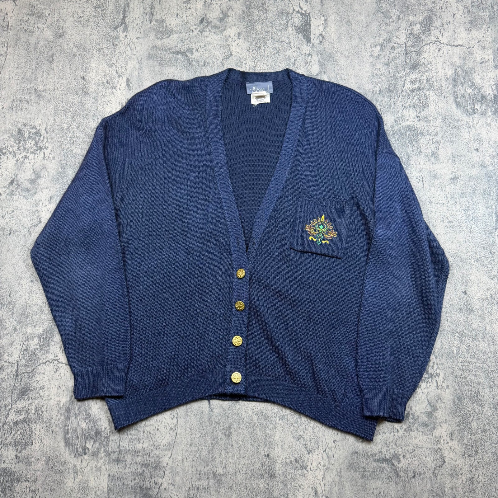 Vintage 80s Blue Grandma Cardigan Sweater Old Money Look Size XL