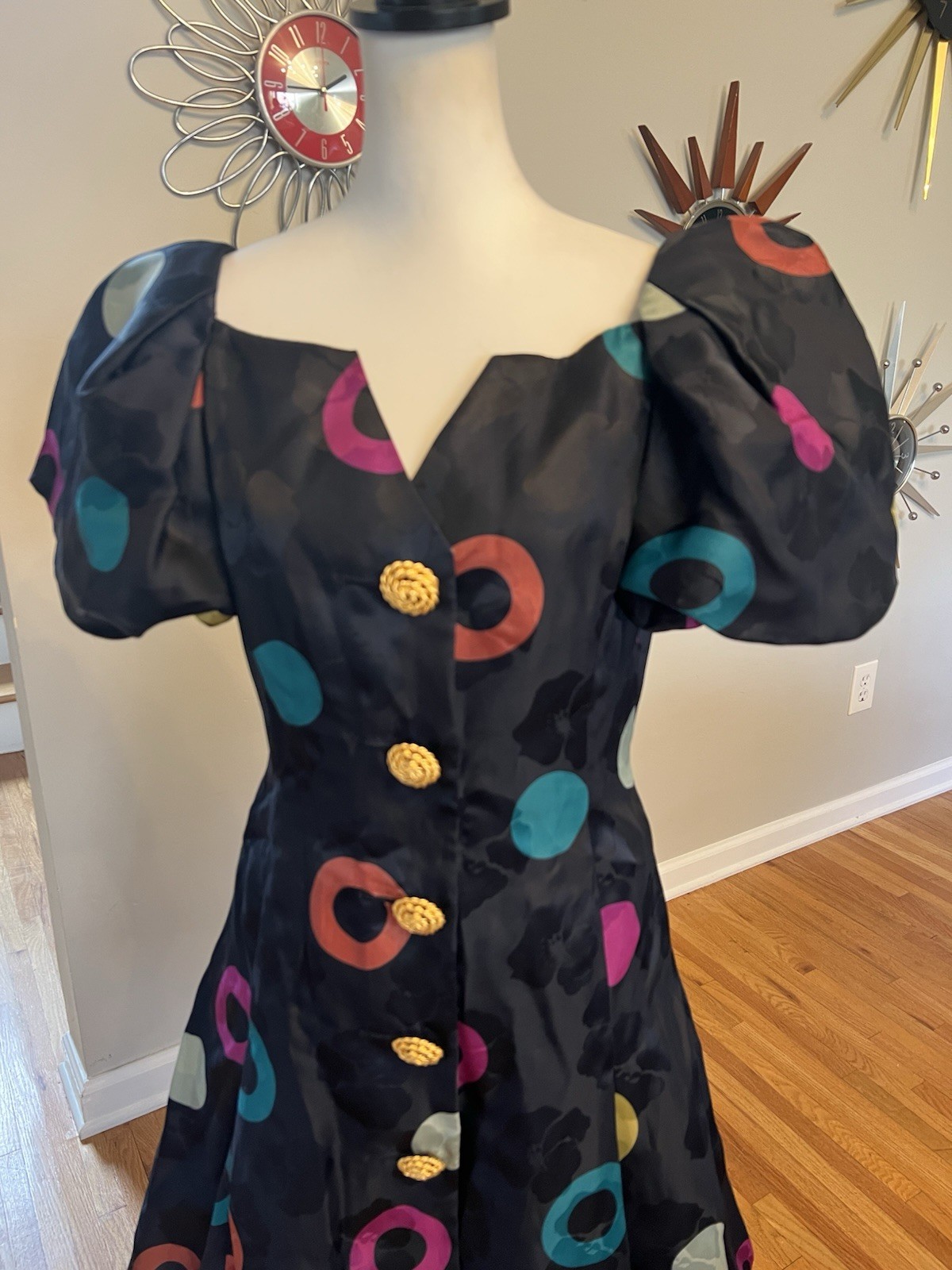 VTG Constance Saunders Size 8 1980s Silk Party Dress Pouf Sleeve Gold Buttons
