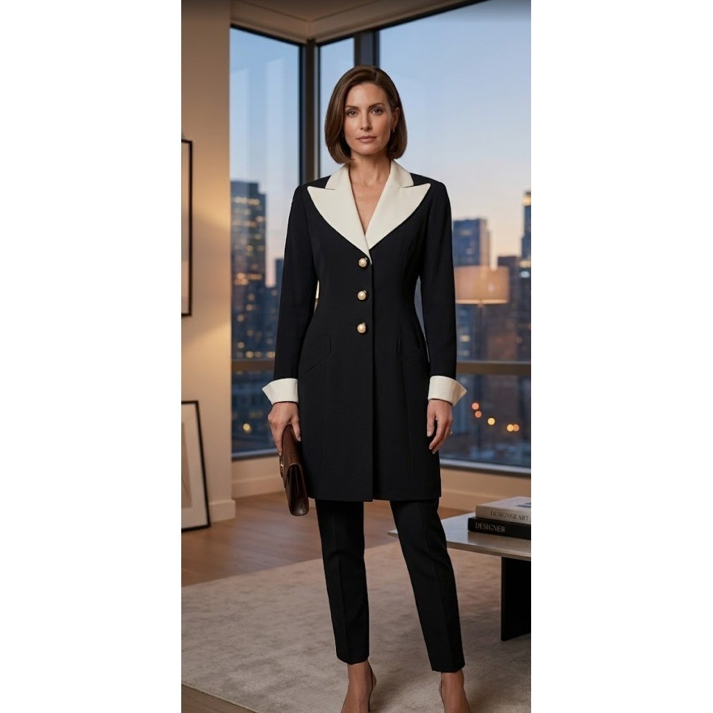 Lida Baday Statement Dress Tailored Longline Blazer Women 12 Black White Pearl