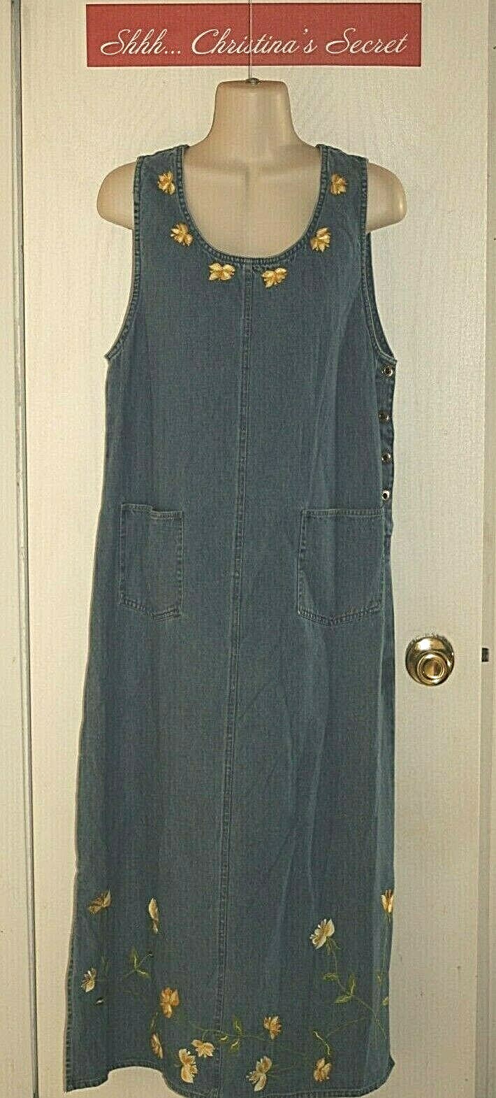 VINTAGE AGAPO Jumper Dress Blue Denim Embroidered Flowers Pockets Sz M * VG++