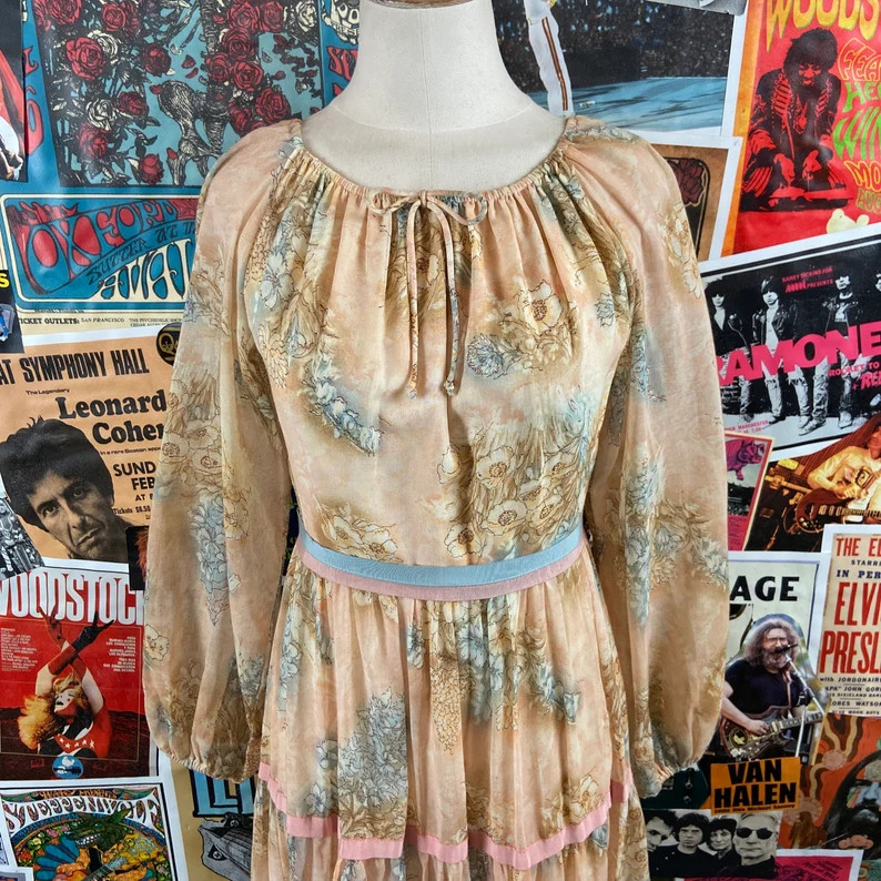 Vtg 70s Peach Pastel Ribbon Floral Spring Long Sheer Sleeve Maxi Dress Womens XS