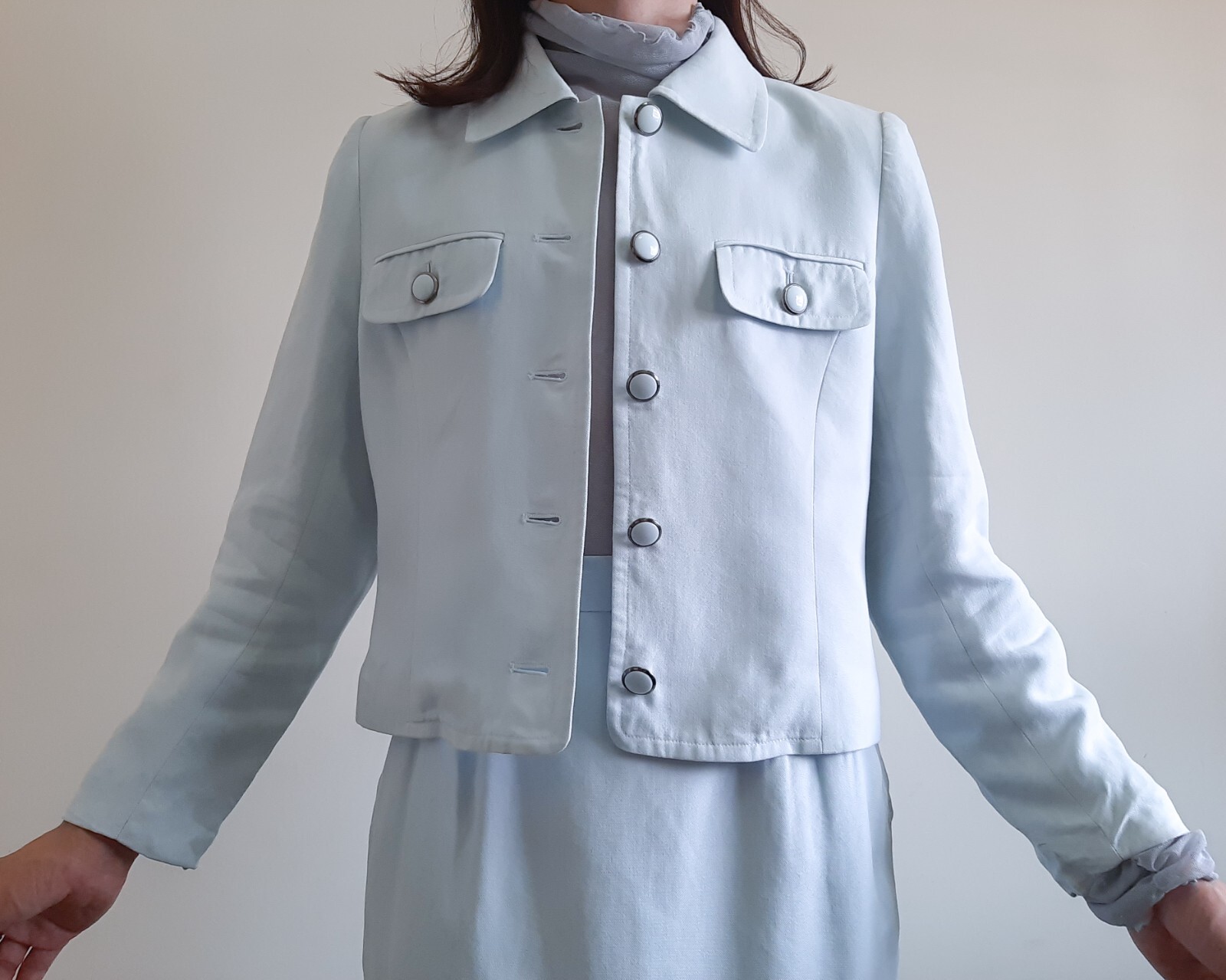 COURREGES 2 piece set Blue pastel jacket and skirt Womens Size S jacket skirt