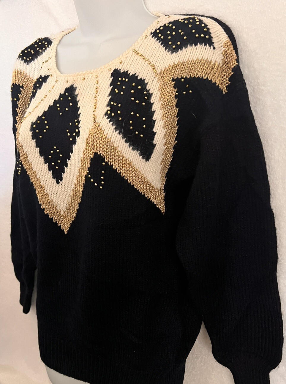Dana Scott Womens M Vintage Sweater Black & Cream Gold Beads Party Holiday