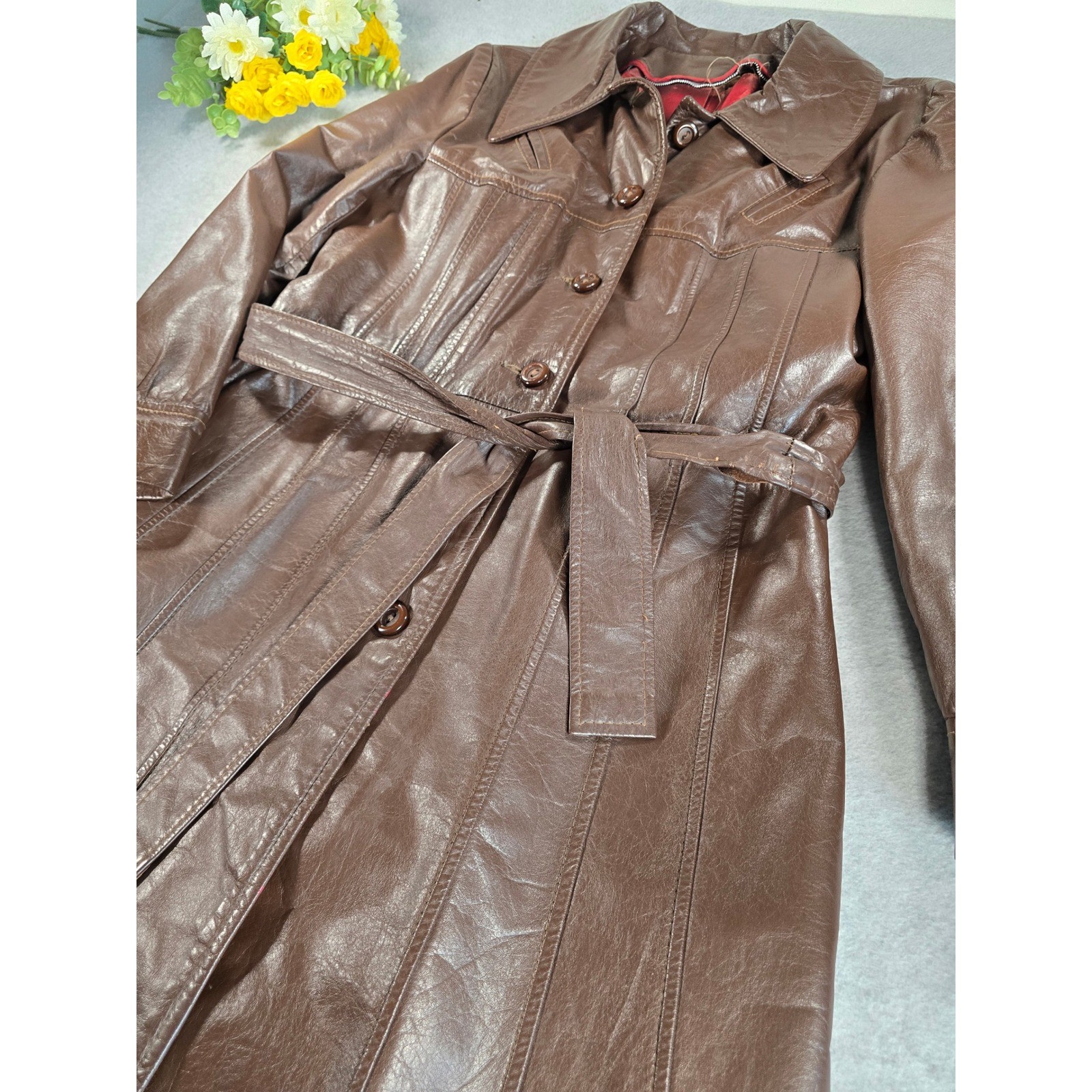Vintage 70s Brown Leather Trench Coat Long Belted Womens 14 Junior Gallery Retro