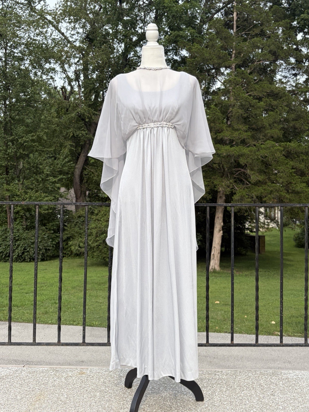 Vintage Emma Domb Silver Gray Chiffon Capelet Maxi Dress 70s 60s Hollywood Glam