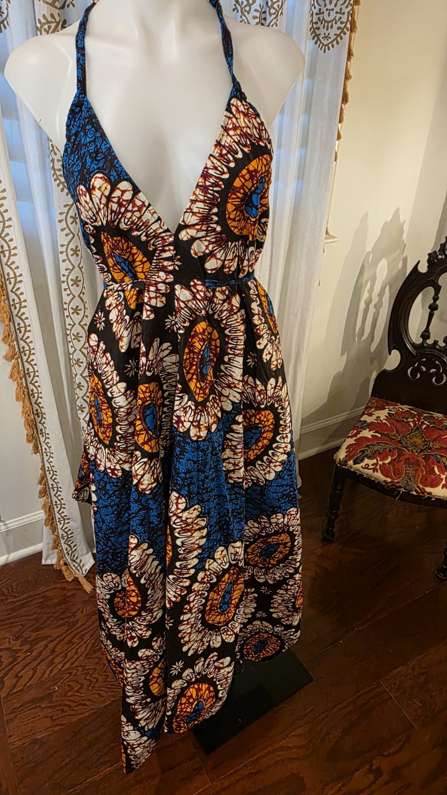 Handmade African Bombchel Multicolor Print Halter Maxi Dress Black Blue OS