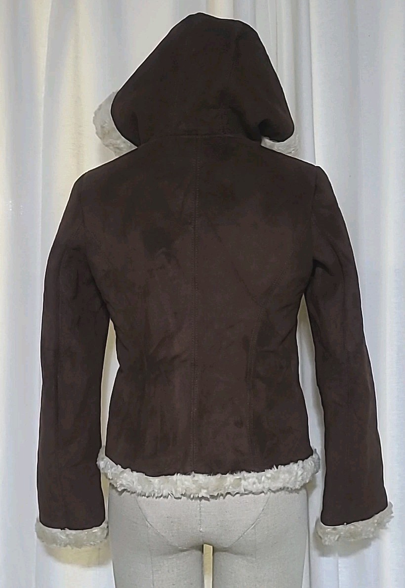 Vintage 90s Y2K Penny Lane Hooded Faux Suede Shearling Xhilaration Coat Jacket S