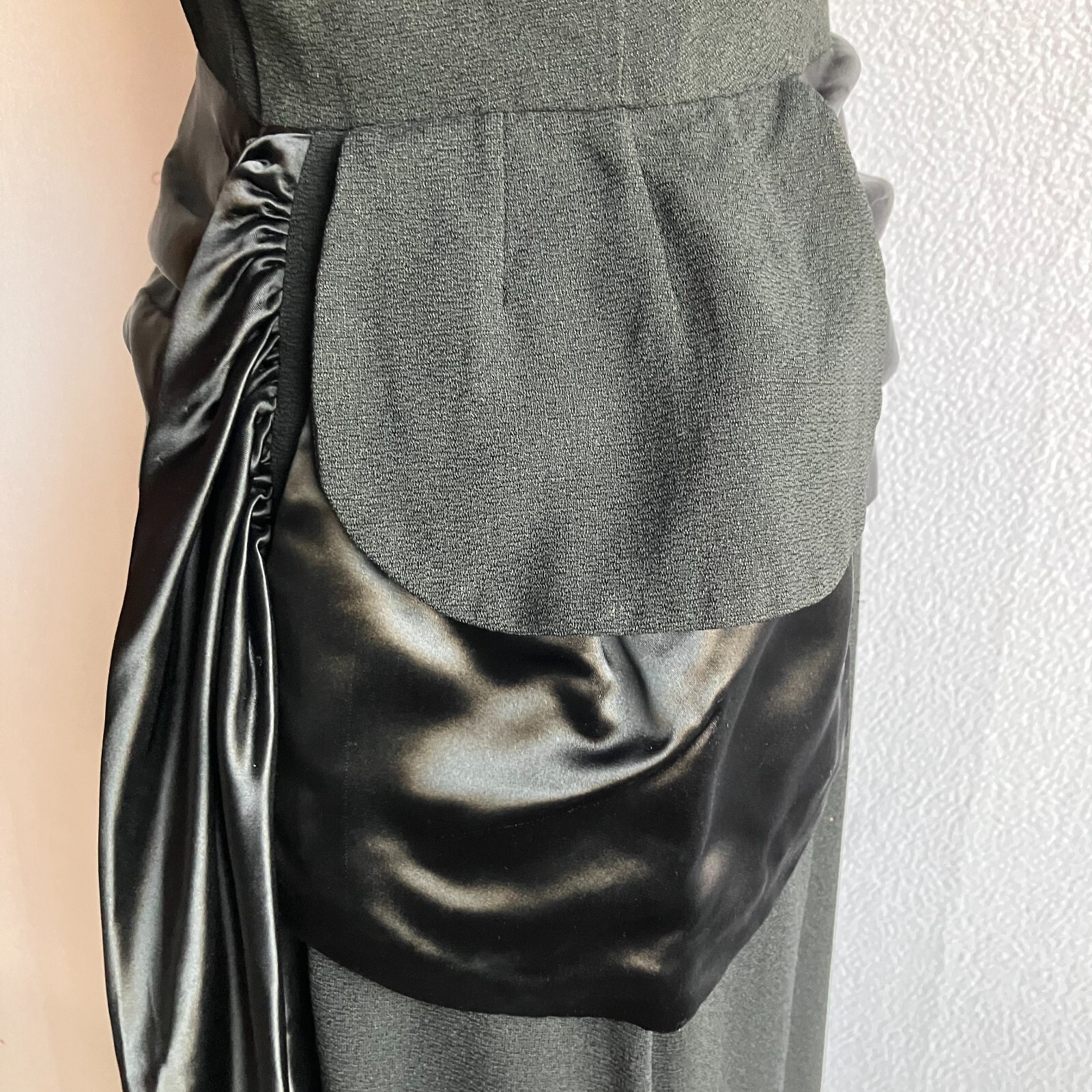 Vintage 1940s Carlye Black Crepe & Satin Hip Interest Wiggle Dress with Pocket