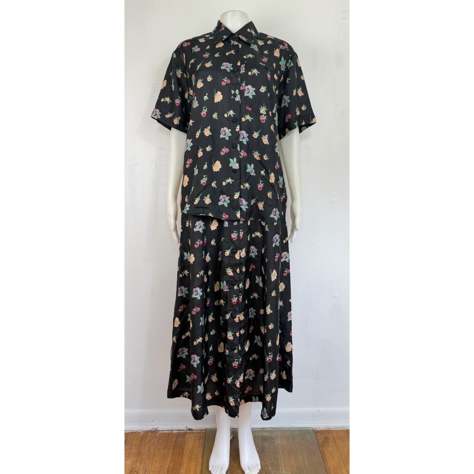 Vintage 100% Silk Floral Skirt Top Set Size Small Black Two Piece Midi Outfit