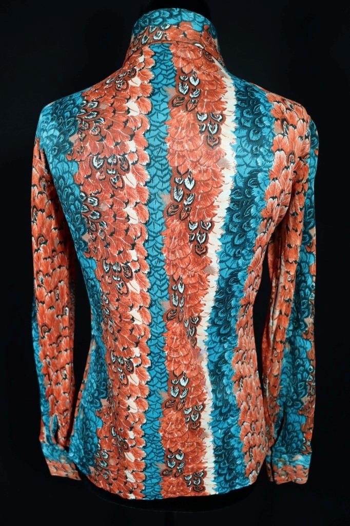 Vintage 1970’s Colorful Silky Poly Feather Print Blouse Size Medium