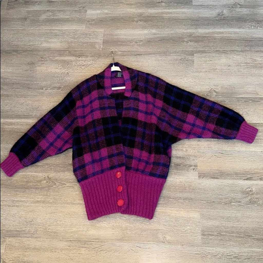Vintage bold magenta plaid wool mohair blend plaid oversized sweater jacket S-L