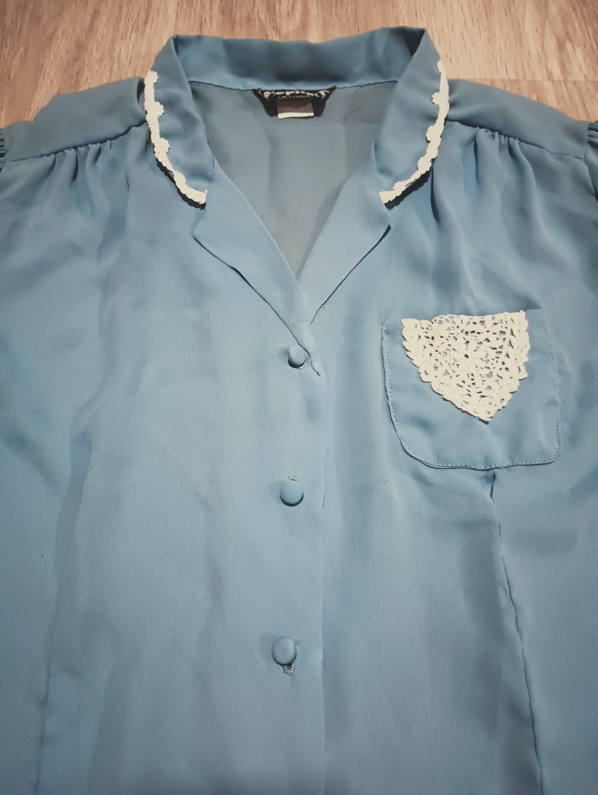 Vtg 70s Semi Sheer Baby Blue MOD Crochet Trim Career Office Blouse Top M
