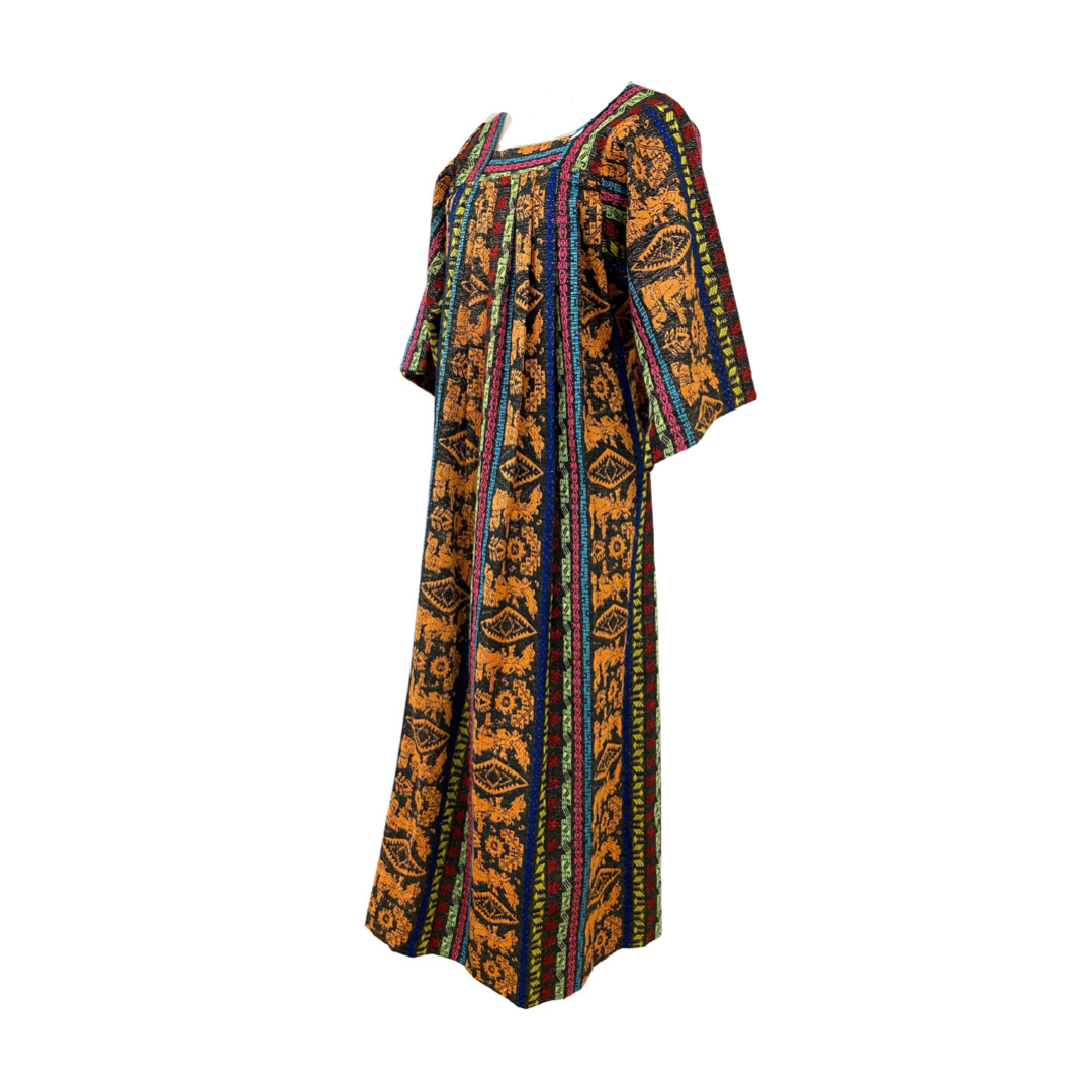 Vtg Vintage 1960s 60s Mexican Woven Metallic Mayan Textile Tunic Maxi Dress