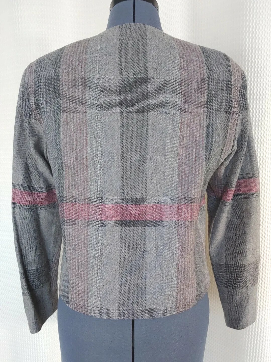 Vintage John Meyer Grey & Pink Plaid Collarless Wool Jacket Size 8