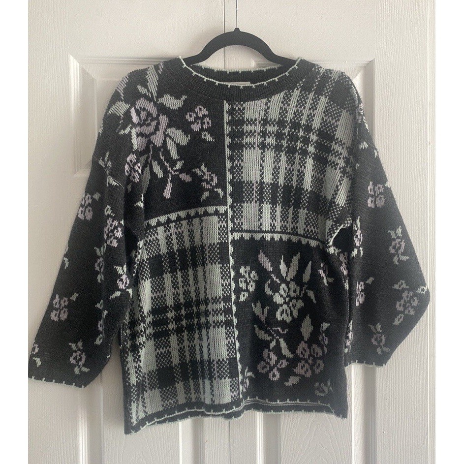 Arielle Vintage Floral Plaid Sweater Womens Size Large Gray Knit Y2K USA