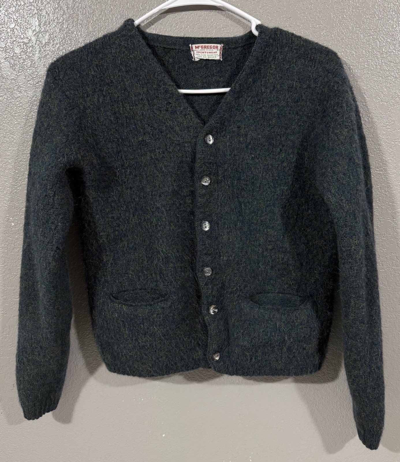 Vintage 60s McGregor Sportswear Wool Kid Mohair Cardigan USA Green Womens Sz S