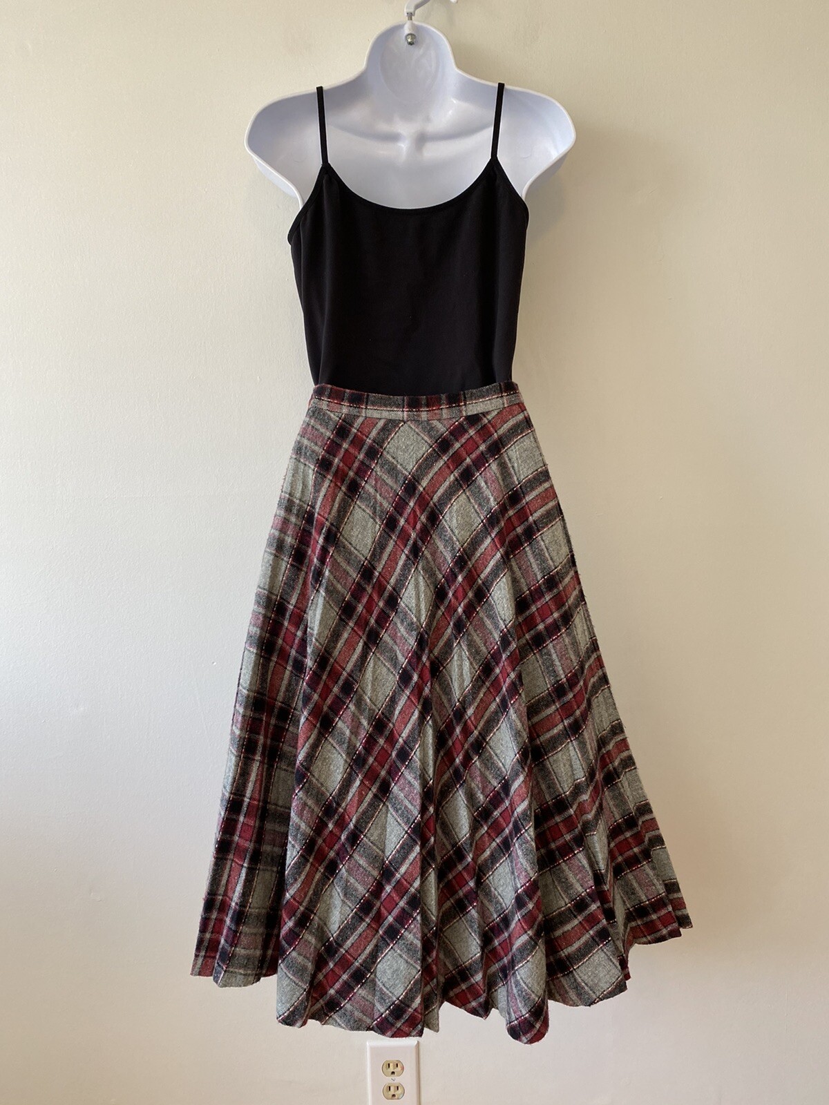 Vintage Mr Beau RL Davis Pleated Midi Skirt Small Gray Red Plaid Lined Academia