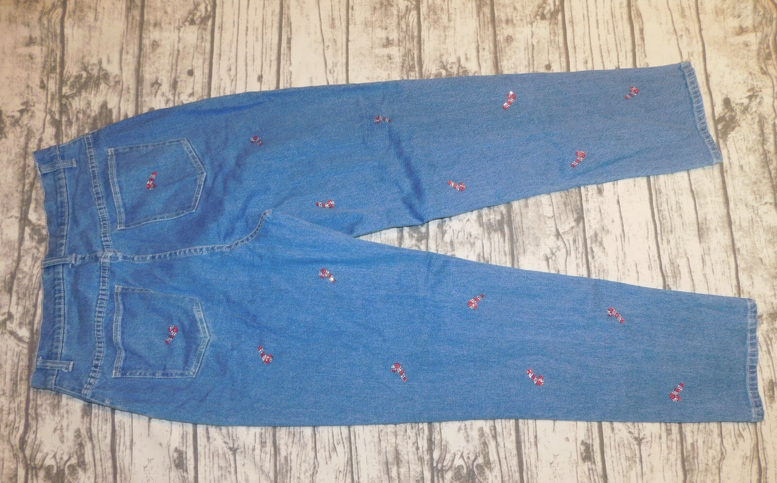 VTG THE QUACKER FACTORY JEANS WOMENS 10 RHINESTONES BLING CANDY CANES CHRISTMAS